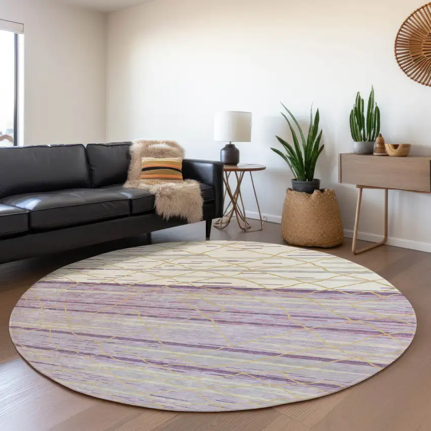 8' Purple Gold And Ivory Striped Washable Round Rug With UV Protection Photo 4