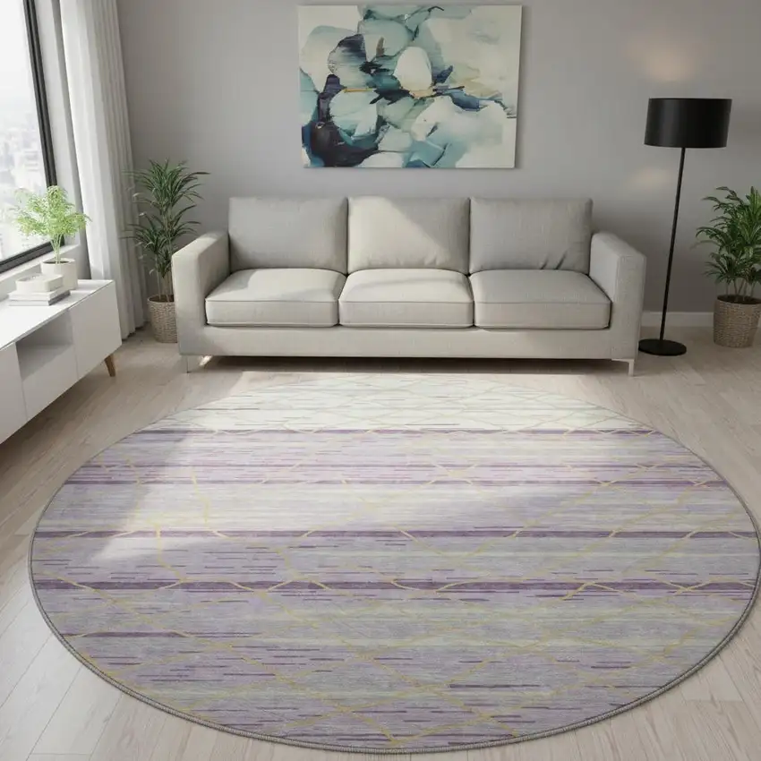 8' Purple Gold And Ivory Striped Washable Round Rug With UV Protection Photo 2
