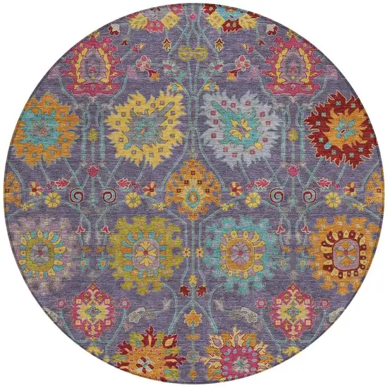 8' Purple Gold And Pink Round Damask Washable Indoor Outdoor Area Rug Photo 4