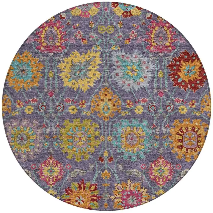 8' Purple Gold And Pink Round Damask Washable Indoor Outdoor Area Rug Photo 4