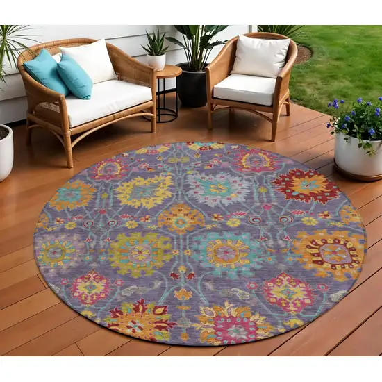 8' Purple Gold And Pink Round Damask Washable Indoor Outdoor Area Rug Photo 1