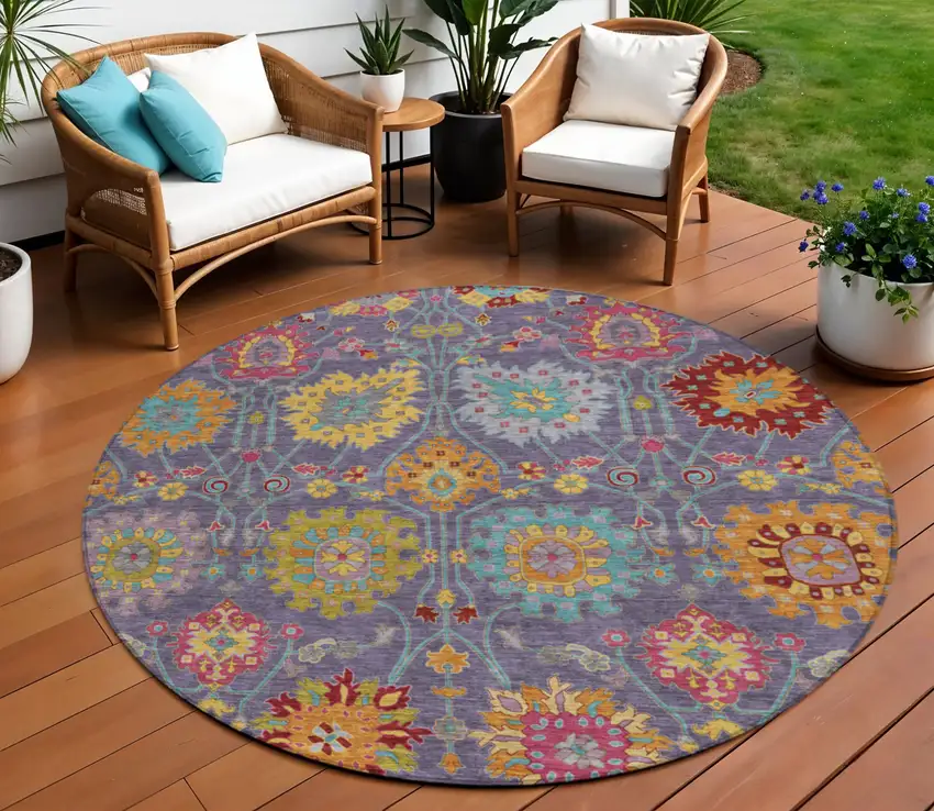 8' Purple Gold And Pink Round Damask Washable Indoor Outdoor Area Rug Photo 1