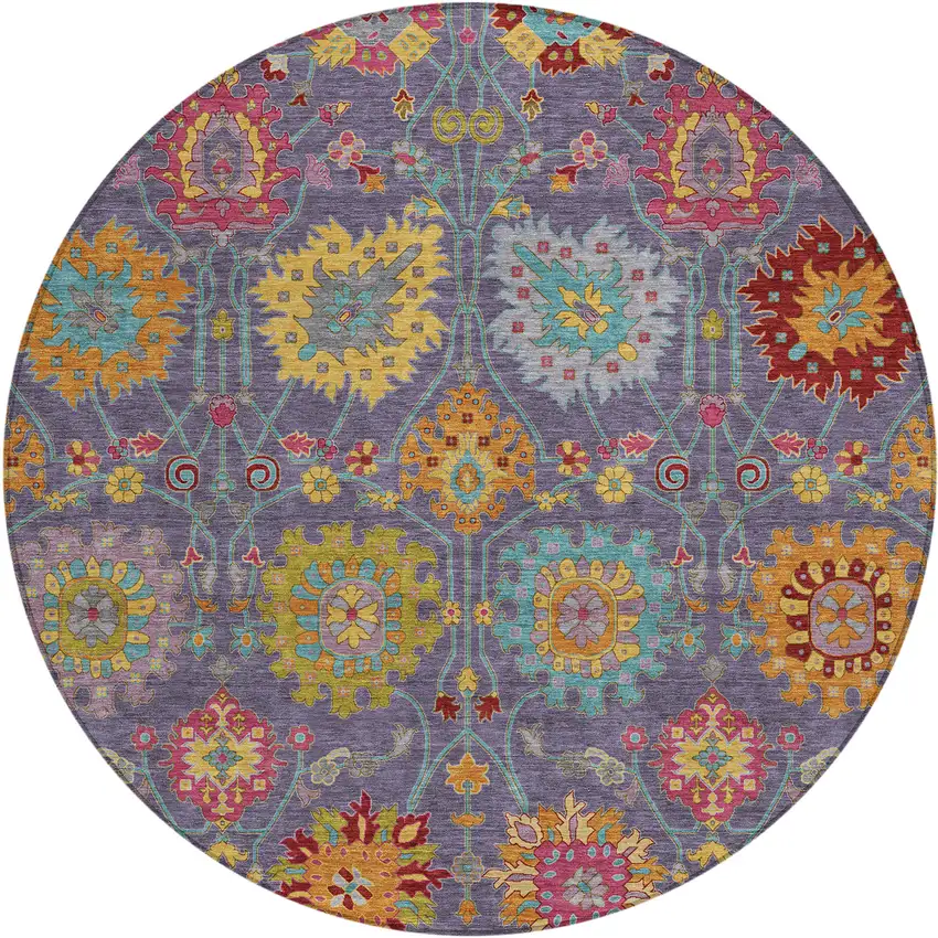 8' Purple Gold And Pink Round Damask Washable Indoor Outdoor Area Rug Photo 2