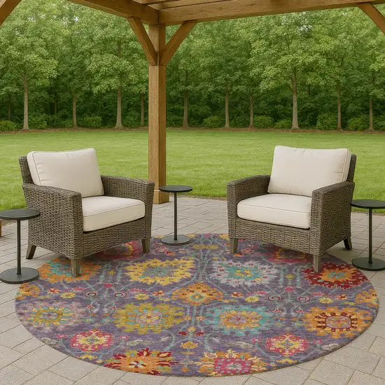 8' Purple Gold And Pink Round Damask Washable Indoor Outdoor Area Rug Photo 8