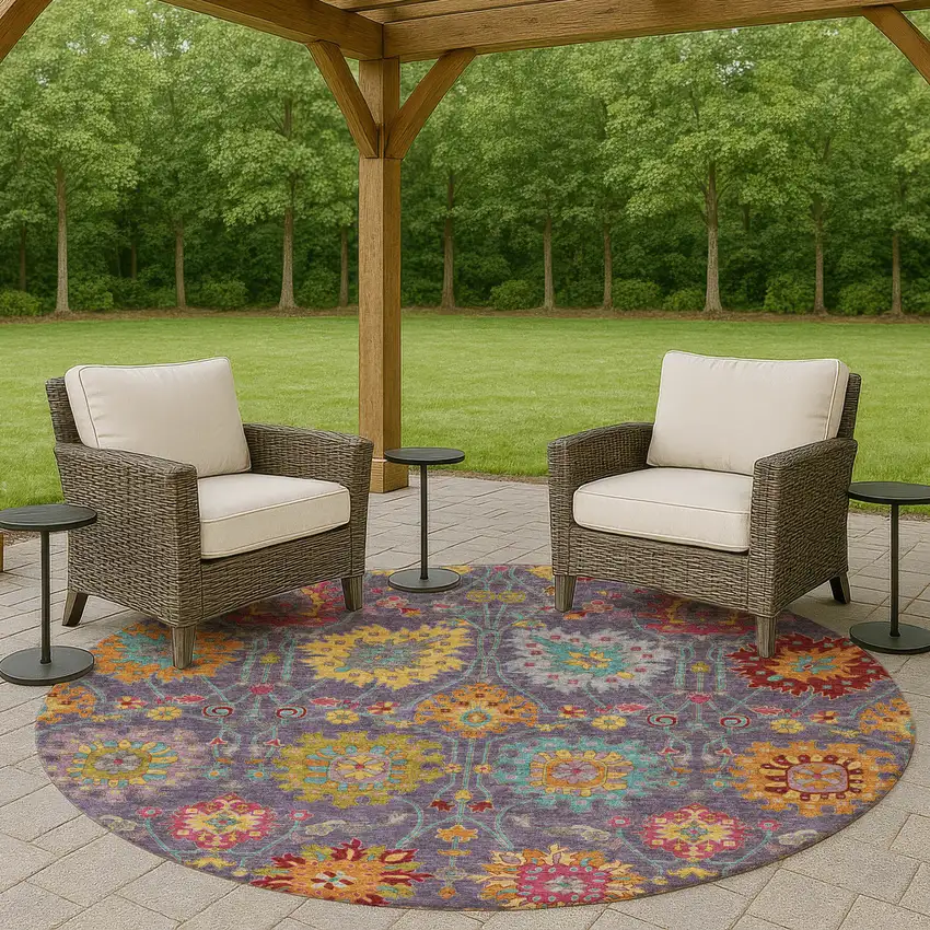 8' Purple Gold And Pink Round Damask Washable Indoor Outdoor Area Rug Photo 8