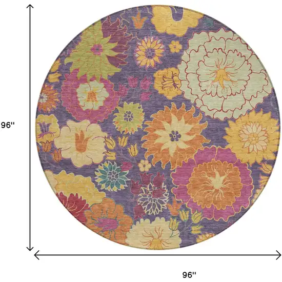 8' Purple Gold And Pink Round Floral Washable Indoor Outdoor Area Rug Photo 3