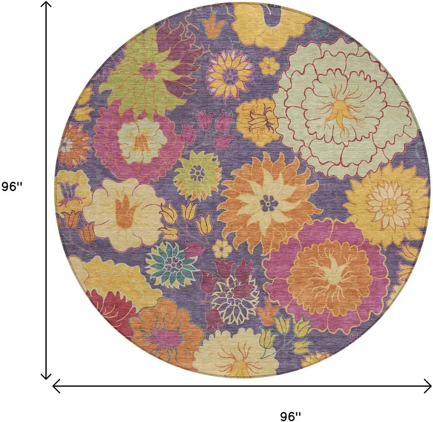 8' Purple Gold And Pink Round Floral Washable Indoor Outdoor Area Rug Photo 3