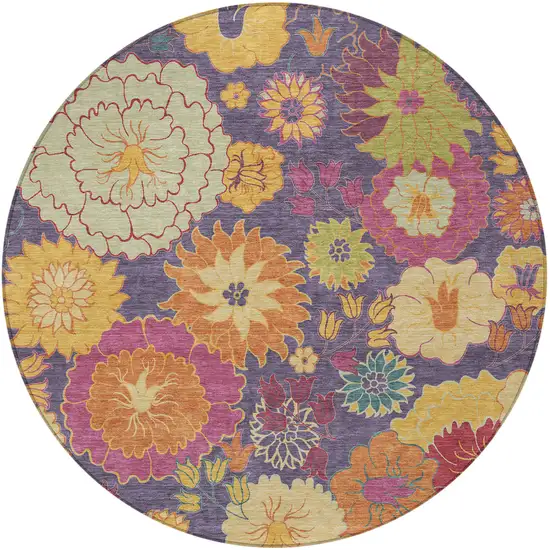 8' Purple Gold And Pink Round Floral Washable Indoor Outdoor Area Rug Photo 4
