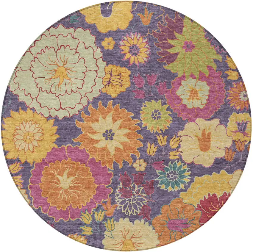8' Purple Gold And Pink Round Floral Washable Indoor Outdoor Area Rug Photo 4