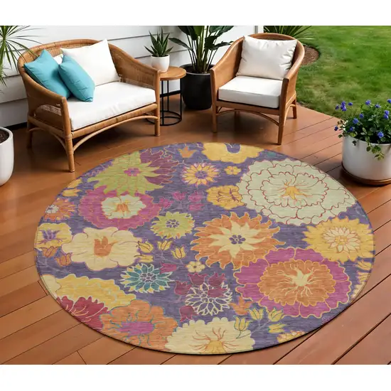8' Purple Gold And Pink Round Floral Washable Indoor Outdoor Area Rug Photo 1
