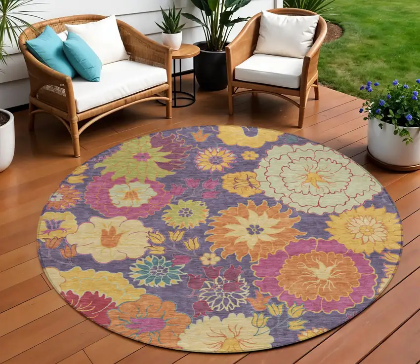 8' Purple Gold And Pink Round Floral Washable Indoor Outdoor Area Rug Photo 1