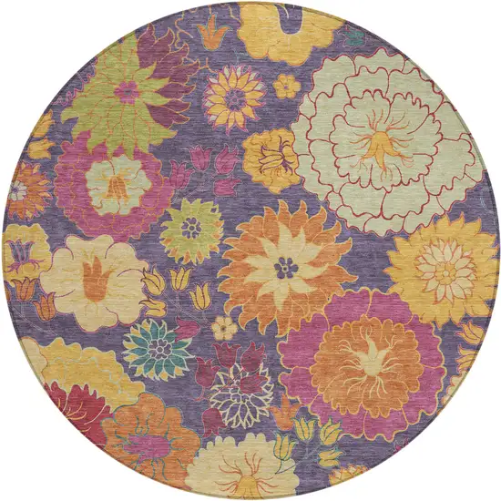 8' Purple Gold And Pink Round Floral Washable Indoor Outdoor Area Rug Photo 2