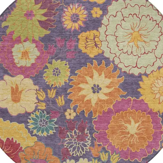 8' Purple Gold And Pink Round Floral Washable Indoor Outdoor Area Rug Photo 7