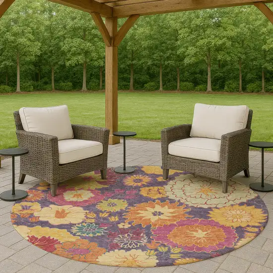 8' Purple Gold And Pink Round Floral Washable Indoor Outdoor Area Rug Photo 9