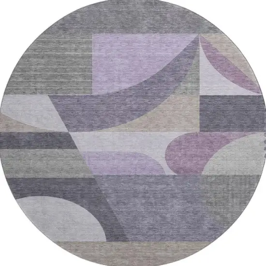 8' Purple Gray And Beige Geometric Washable Round Rug With UV Protection Photo 3