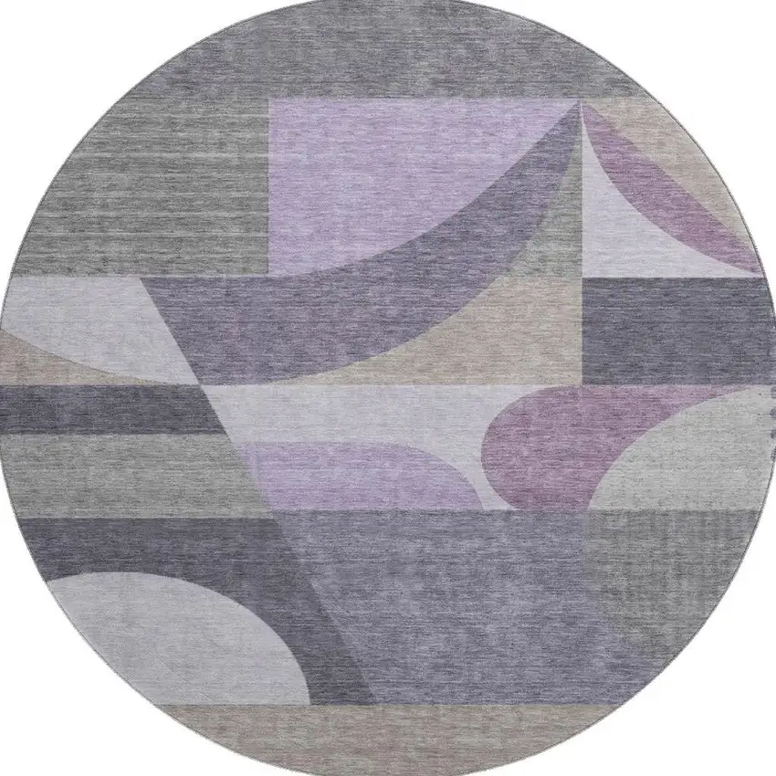 8' Purple Gray And Beige Geometric Washable Round Rug With UV Protection Photo 3