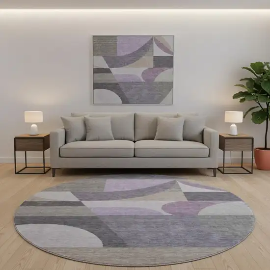 8' Purple Gray And Beige Geometric Washable Round Rug With UV Protection Photo 2