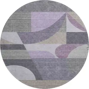 Photo of 8' Purple Gray And Beige Geometric Washable Round Rug With UV Protection