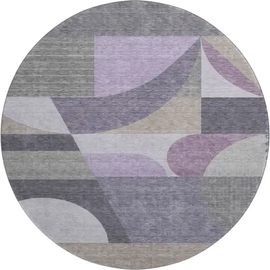 8' Purple Gray And Beige Geometric Washable Round Rug With UV Protection Photo 1