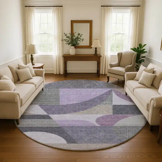 8' Purple Gray And Beige Geometric Washable Round Rug With UV Protection Photo 5