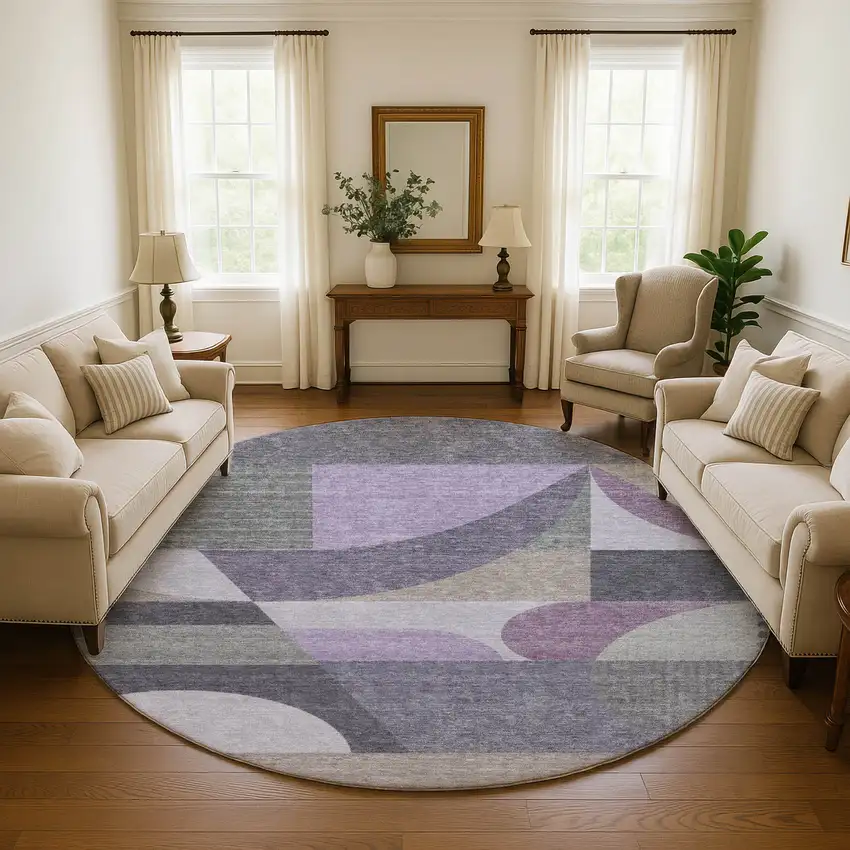 8' Purple Gray And Beige Geometric Washable Round Rug With UV Protection Photo 5