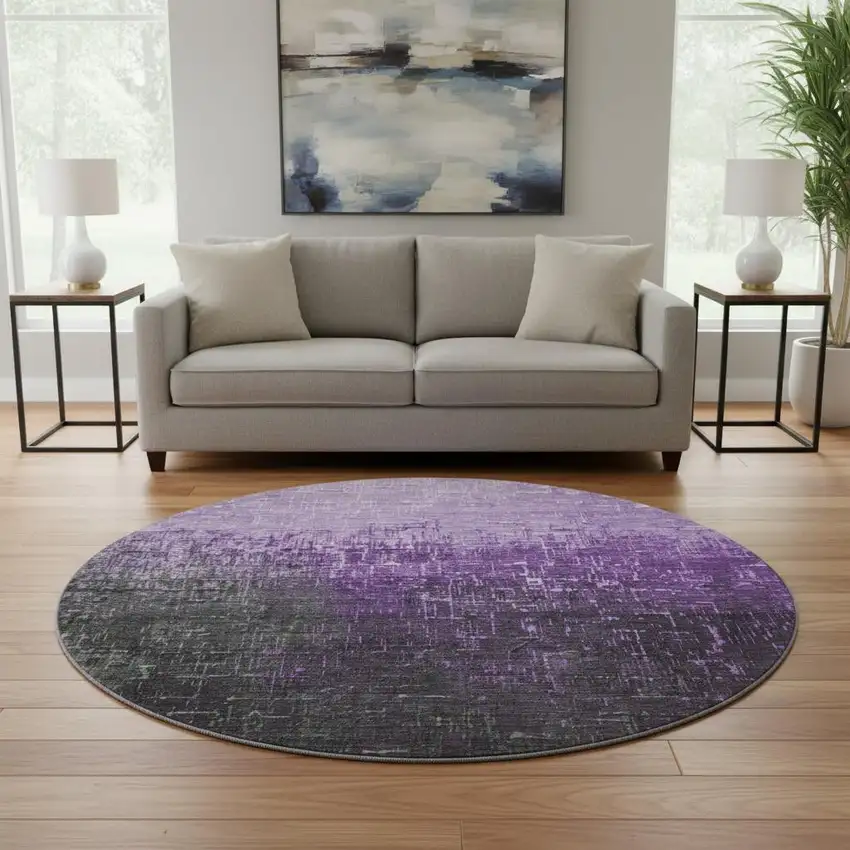8' Purple Gray And Charcoal Ombre Washable Round Rug With UV Protection Photo 2