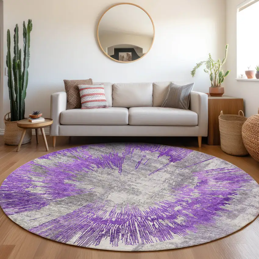8' Purple Gray And Charcoal Round Abstract Washable Indoor Outdoor Area Rug Photo 8