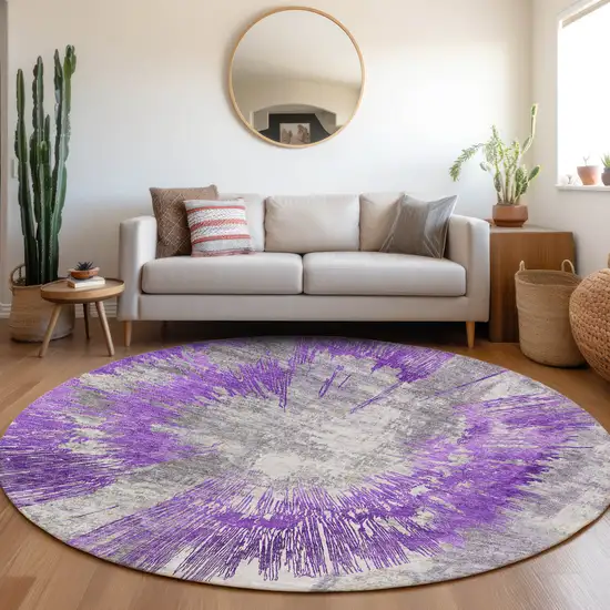 8' Purple Gray And Charcoal Round Abstract Washable Indoor Outdoor Area Rug Photo 8