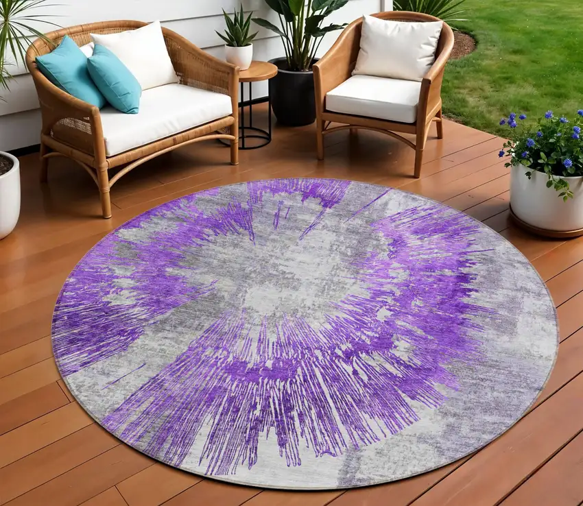 8' Purple Gray And Charcoal Round Abstract Washable Indoor Outdoor Area Rug Photo 1