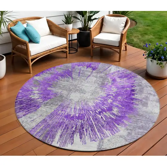 8' Purple Gray And Charcoal Round Abstract Washable Indoor Outdoor Area Rug Photo 1