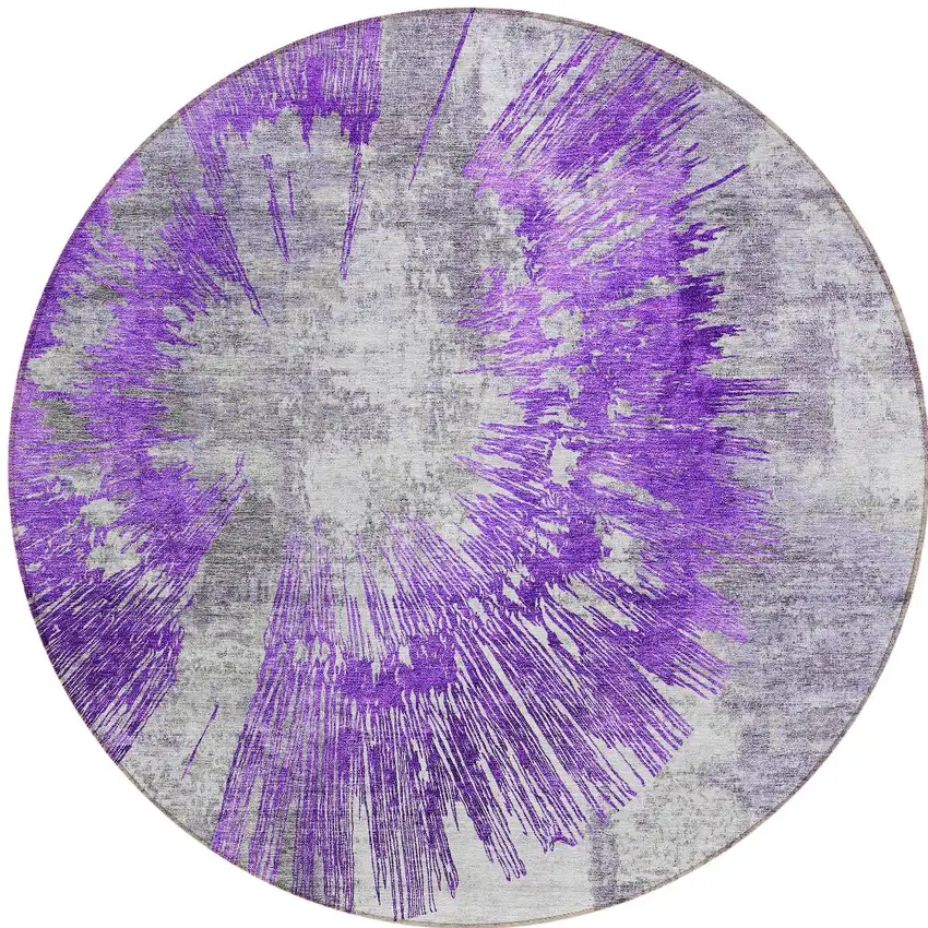 8' Purple Gray And Charcoal Round Abstract Washable Indoor Outdoor Area Rug Photo 6