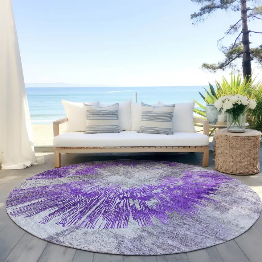 8' Purple Gray And Charcoal Round Abstract Washable Indoor Outdoor Area Rug Photo 7