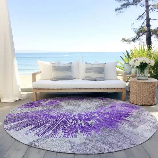 8' Purple Gray And Charcoal Round Abstract Washable Indoor Outdoor Area Rug Photo 7