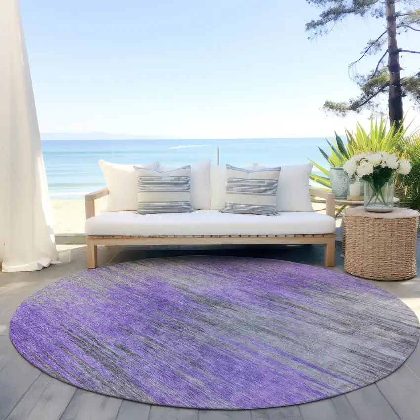 8' Purple Gray And Charcoal Round Abstract Washable Indoor Outdoor Area Rug Photo 6