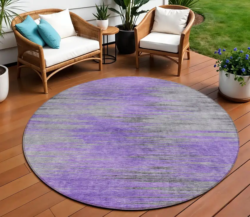 8' Purple Gray And Charcoal Round Abstract Washable Indoor Outdoor Area Rug Photo 1