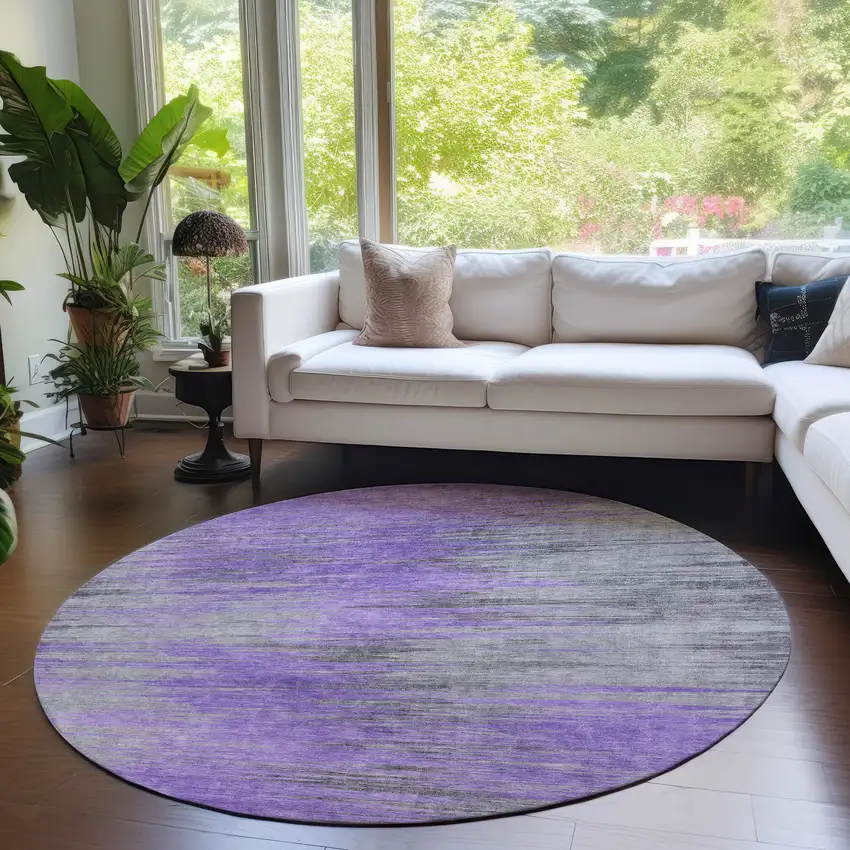 8' Purple Gray And Charcoal Round Abstract Washable Indoor Outdoor Area Rug Photo 7