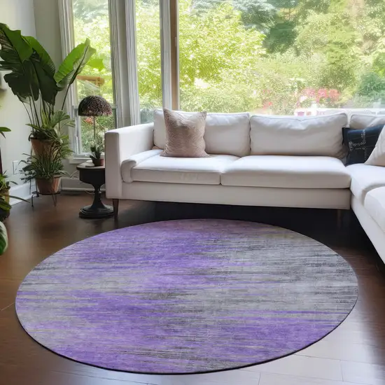 8' Purple Gray And Charcoal Round Abstract Washable Indoor Outdoor Area Rug Photo 7