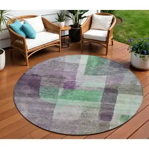 Photo of 8' Purple Gray And Green Round Abstract Washable Indoor Outdoor Area Rug