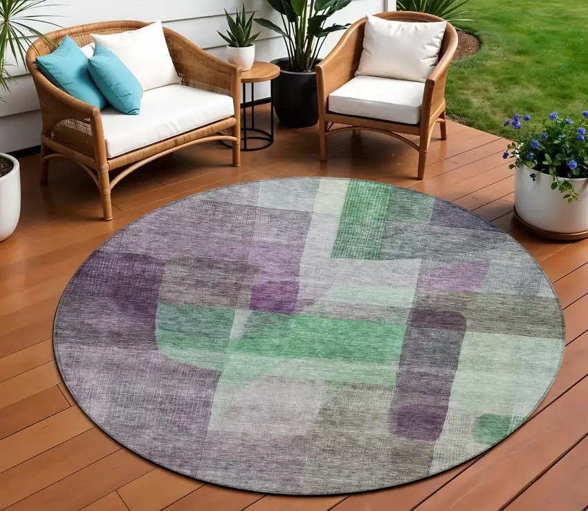 8' Purple Gray And Green Round Abstract Washable Indoor Outdoor Area Rug Photo 1