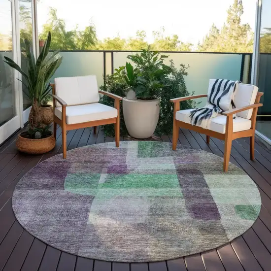 8' Purple Gray And Green Round Abstract Washable Indoor Outdoor Area Rug Photo 7