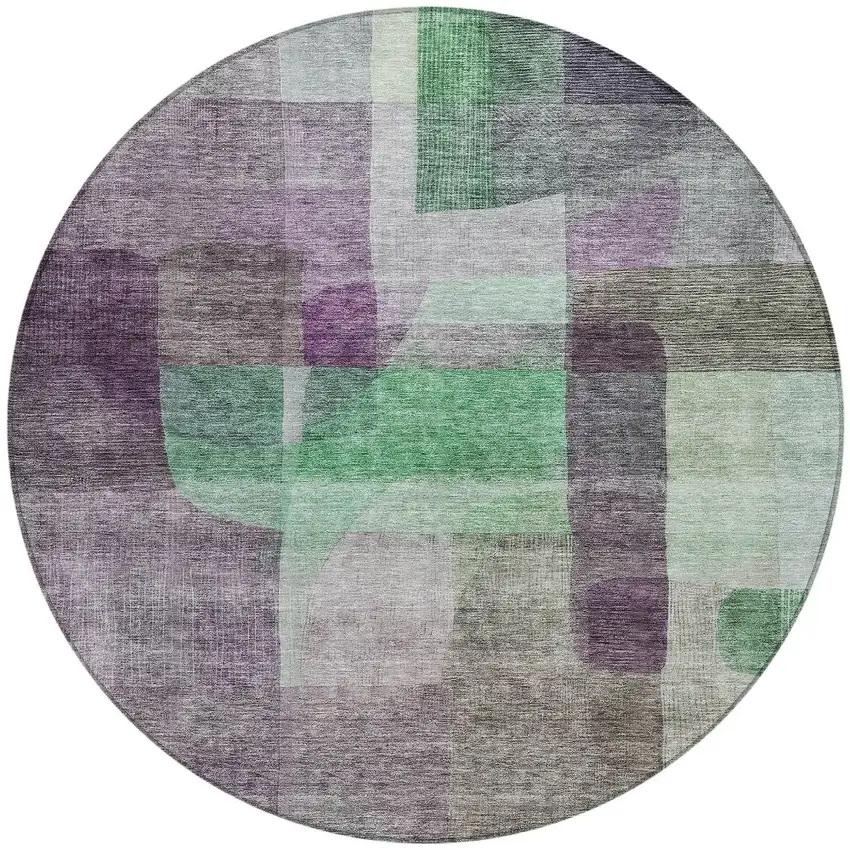 8' Purple Gray And Green Round Abstract Washable Indoor Outdoor Area Rug Photo 6