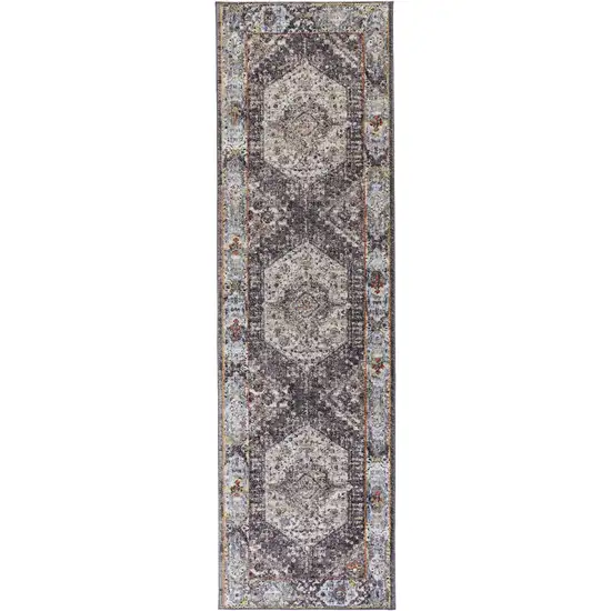 8' Purple Gray And Ivory Abstract Stain Resistant Runner Rug Photo 1