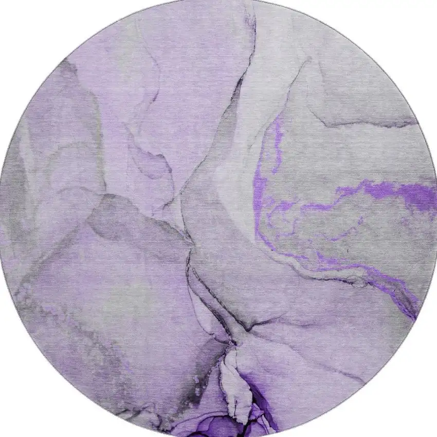 8' Purple Gray And Ivory Abstract Washable Round Rug With UV Protection Photo 4