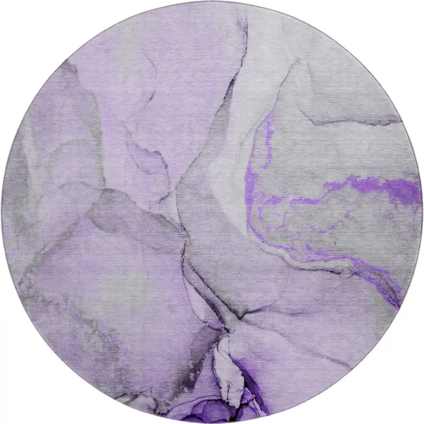 8' Purple Gray And Ivory Abstract Washable Round Rug With UV Protection Photo 1