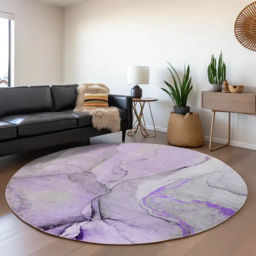 8' Purple Gray And Ivory Abstract Washable Round Rug With UV Protection Photo 4
