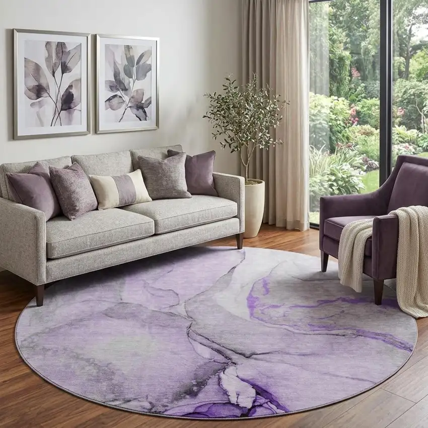 8' Purple Gray And Ivory Abstract Washable Round Rug With UV Protection Photo 1