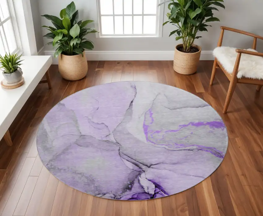 8' Purple Gray And Ivory Abstract Washable Round Rug With UV Protection Photo 2