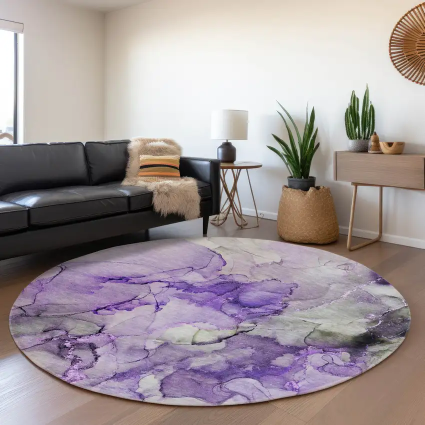 8' Purple Gray And Ivory Abstract Washable Round Rug With UV Protection Photo 5