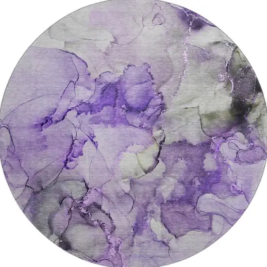8' Purple Gray And Ivory Abstract Washable Round Rug With UV Protection Photo 4