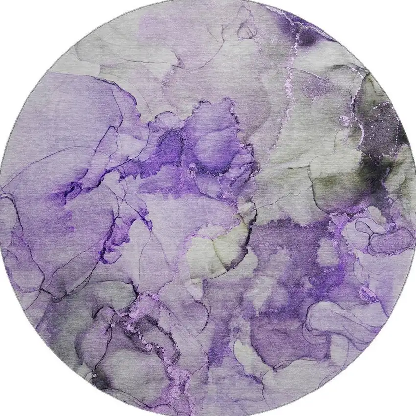 8' Purple Gray And Ivory Abstract Washable Round Rug With UV Protection Photo 4